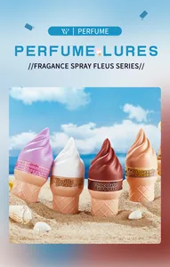 Set of four colorful ice cream cone shaped perfume bottles on a tropical beach.