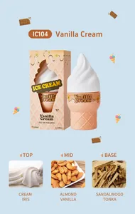 Detail view of vanilla cream perfume in ice cream cone shape showing scent notes