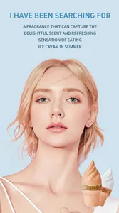 Detail shot of ice cream shaped perfume bottles held by a blonde model on blue background