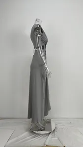 Sexy grey sleeveless maxi dress with waist knot cutout and side split detail