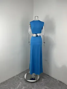 Detailed back view of sexy blue solid color dress with elegant hollow out waist design