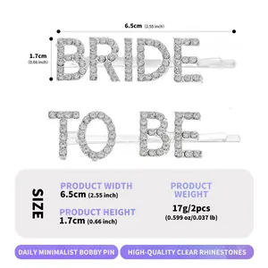 Detailed size and weight specifications for BRIDE TO BE rhinestone bobby pin set