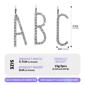 Detailed product dimensions and weight specifications for rhinestone alphabet bobby pins set