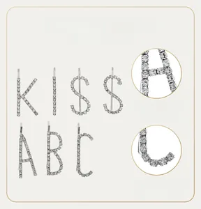 Detailed macro shot of silver rhinestone letter hair clips featuring secure prong setting