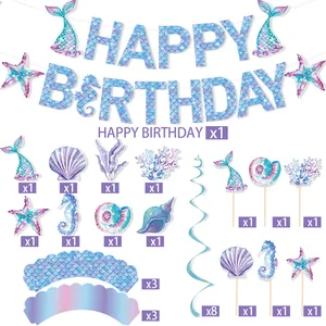 Mermaid themed birthday party decoration set with banner, toppers and swirls