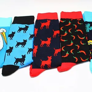 Collection of fashionable cotton mid-calf socks featuring colorful dog, chili, and cactus patterns