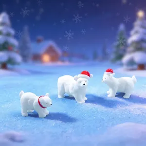 Set of 3 miniature Christmas polar bear figurines with Santa hats for micro landscapes