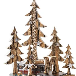Rustic handcrafted wooden Christmas tree desktop decorations with stars for festive display