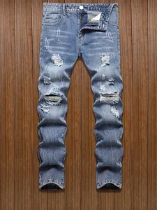 Jeans Déchirés pour Hommes Effet Usé Bleu Ciel Coupe Droite en Mélange de Coton Streetwear Multi Poches Lavé Mode Pantalon