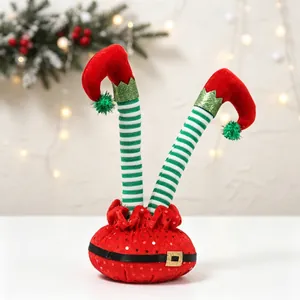 Christmas bendable elf legs decoration with red Santa belt base and green pom-poms