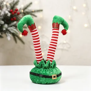 Festive bendable Christmas elf legs ornament with red and white striped leggings.
