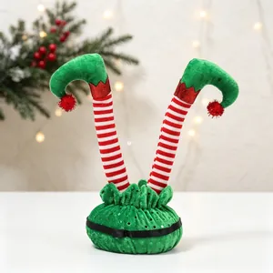 Bendable Christmas elf legs ornament with red and white stripes on green base