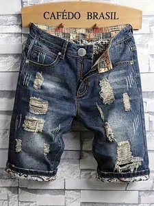 Men Distressed Denim Shorts Washed Navy Blue Vintage Ripped Jeans Shorts With Paisley Lining Summer Casual Men Bottoms