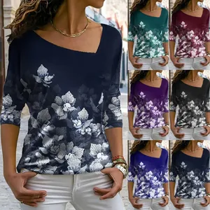 Dames Mode Asymmetrische Hals Bloemenprint Top Casual Driekwart Mouw Zacht Slim T-shirt Voor Lente Herfst
