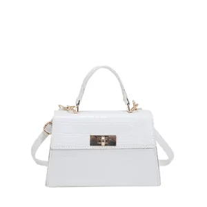 Elegant white crocodile pattern handbag with gold hardware for crossbody or hand carry