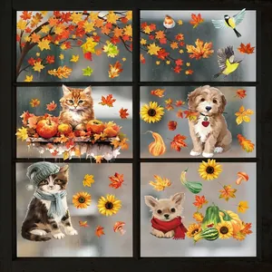 Stickers Fenêtre Automne Statique PVC Double Face Thanksgiving Animaux Dessin Animé Chats Chiens Feuilles Érable Citrouille