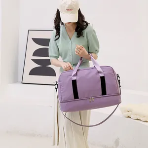 Large capacity purple travel bag with dry-wet separation and expandable bottom compartment