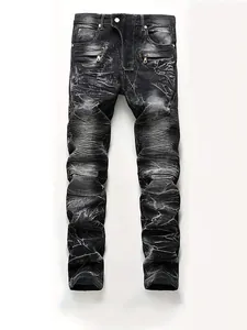 Jeans en Denim Motard pour Hommes Slim Fit Distressed Mélange de Coton Style Moto Streetwear Vintage Pantalon Long Décontracté