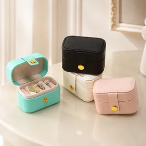 Portable Mini PU Leather Jewelry Box Travel Small Ring Earring Storage Case With Metal Snap Closure Cross-grain Box Organizer