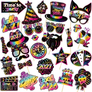 Happy New Year Photo Booth Props Set Paper Glasses Moustache Hat Lips On Sticks For Countdown Party Decorations