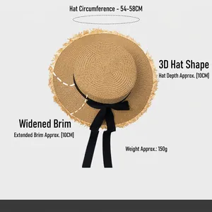 Detailed view of a wide-brim straw sun hat with 10cm brim and 54-58cm circumference.