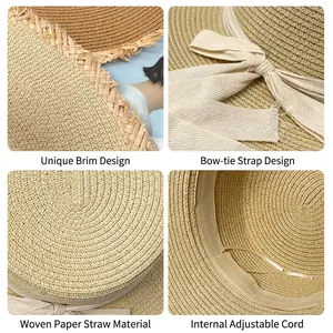 Detail of straw fabric, ribbon bow, and adjustable strap on a summer sun hat.