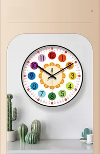 Colorful educational wall clock for kids with silent quartz movement in home setting