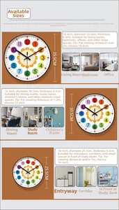 Size comparison guide for cartoon early education silent wall clock models
