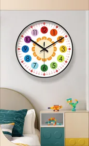 Detailed view of a colorful educational silent quartz wall clock for kids playroom