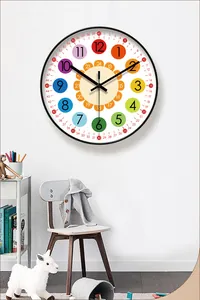 Detailed view of colorful numbers and clear time markings on an educational clock