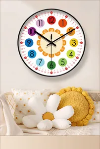 Educational cartoon wall clock for kids featuring colorful numbers in a cozy room