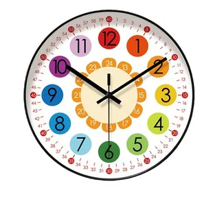 Colorful educational round wall clock for children with 12 and 24 hour markers