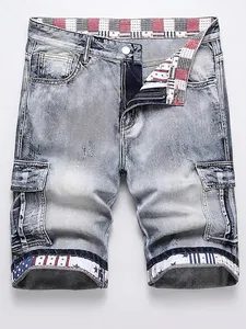 Men's Retro Washed Denim Cargo Shorts With Star Stripe Print Cuffs Ripped Distressed Cotton Blend Straight Leg Shorts For Summer