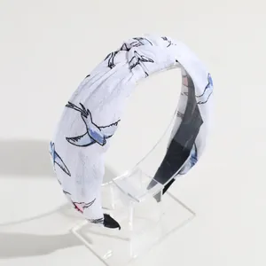 Cerchietto annodato bianco con stampa di uccelli blu per accessori capelli eleganti