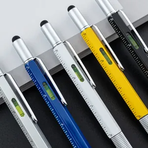6-in-1 multifunctional metal tool pen with stylus ruler and level in various colors