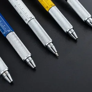 Professional multi-functional 6-in-1 metal tool pen with ruler and stylus, multi-color