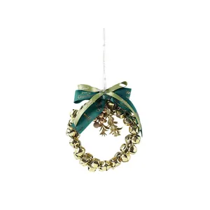 Handmade mini gold bell wreath ornament with green bow for Christmas decoration