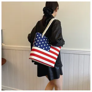 Large capacity canvas fashion tote bag for women featuring a stylish US flag pattern