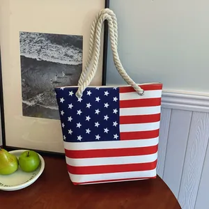 American Flag Canvas Tote Bag With Cotton Rope Handles Large Capacity Stars And Stripes Pattern Shoulder Handbag For Women Travel Beach Shopping Independence Day Gift