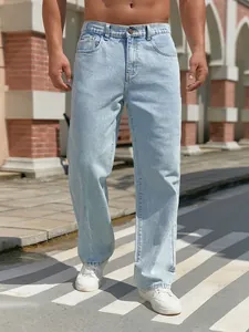 Men's High Waist Straight Leg Denim Jeans Light Blue Washed Loose Fit Casual Cotton Blend Long Pants Streetwear Men