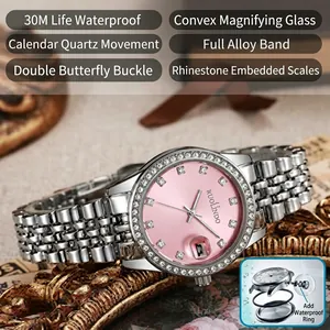 Close-up detail of lady's quartz watch featuring pink sunray dial and rhinestone bezel