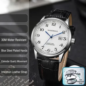 Elegant quartz watch featuring a white dial, blue hands, date window and black leather strap