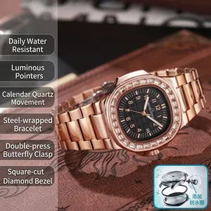 Elegant rose gold luxury women's quartz watch featuring diamond bezel and stainless steel strap