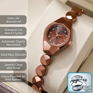 Elegant rose gold women's quartz watch with faceted crystal and luxury jewelry bracelet