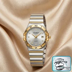 Luxury two-tone stainless steel women's quartz watch with date and Roman numerals