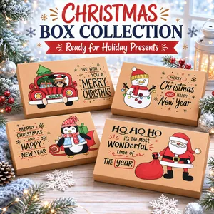 Set di quattro scatole regalo di Natale in carta kraft con motivi festivi a cartoni