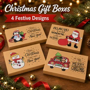 Vista dettagliata di quattro scatole regalo in carta kraft con motivi natalizi festivi