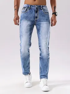 Men's Slim Fit Washed Blue Jeans Bold White Contrast Stitching Flap Pockets Streetwear Fashion Straight Denim Pants