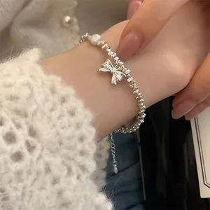 925 Sterling Silver Bracelet For Women With Artificial Pearl And Bowknot Pendant Irregular Beads Korean Fashion Jewelry