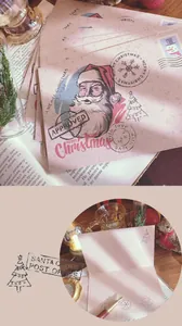 Detailed view of vintage kraft Christmas card with Santa Claus illustration and postmarks